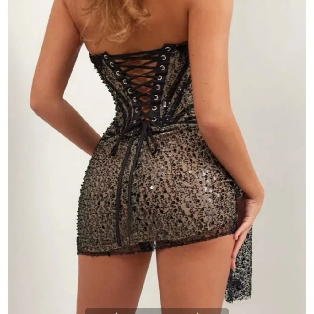 Heiress Black Sequin Corset Draped Mini Dress size small - Picture 2 of 10